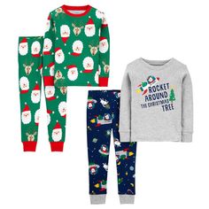 Nwt Carters Kids' 4-Piece Holiday Pajamas Set Includes: 2 Long Sleeve Tops & 2 Long Pant Bottoms 1st Set Is Green With Santa And Reindeer Pattern 2nd Set Is Gray And Nave Blue With Rocket Design And Says Rocket Around The Christmas Tree Ribbed Cuffs At Wrist And Ankles 100% Cotton Reindeer Pattern, Rocket Design, Carter Kids, Holiday Pajamas, Boys Pajamas, Santa And Reindeer, Pajamas Set, Kids Pajamas, Winter Theme