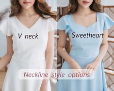 two women in dresses with v - neck and neckline styles on the same side