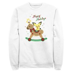 Gotta catch 'em all! Get into the Christmas spirit with the iconic world of Pokemon cards, video games, TV shows, and more with adorable new officially licensed apparel for the whole family featuring all your favorite Pokemon! This Men's Pokemon Christmas Pichu Rocker Graphic Crewneck Sweatshirt features the adorable and happy Pichu perched on a reindeer, the phrase: "Happy Holidays" in green and red lettering, and colorful confetti in the background. Grab one of these new Pokemon sweatshirts th Pokemon Sweatshirt, Pokemon Christmas, Colorful Confetti, Mens Crewneck Sweatshirt, New Pokemon, Sweatshirt White, Tee Outfit, Green And Red, Pullover Men