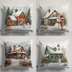 four pillows with snowmen and houses on them, all decorated in different styles or sizes