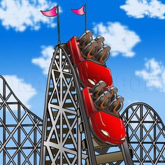 a red roller coaster with three people on it and two flags flying in the air