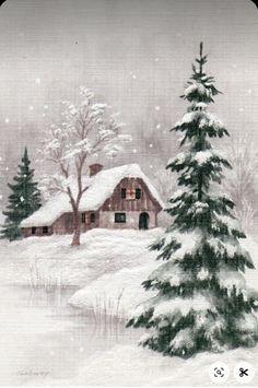 a drawing of a snowy scene with a house and trees