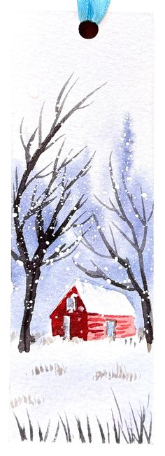 a watercolor painting of a red barn in the snow with a blue lantern hanging from it's side