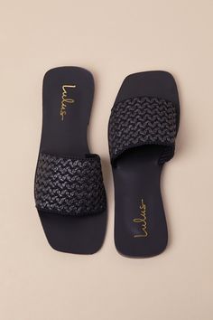 Sweeten up your sunny day 'fits with the addition of the Lulus Charra Black Raffia Woven Flat Slide Sandals! These must-have summer sandals have a woven raffia construction that shapes a wide vamp strap atop a trendy square footbed. The simple, slide-on design allows for effortlessly cute styling on the daily! Available in whole sizes only. 0. 5" rubber heel. Smooth insole. Rubber sole has nonskid markings. Man made materials. Imported. Lulus | Charra Black Raffia Woven Flat Slide Sandal Heels | Cute Slides, Shop Boots, Flats Sandals, Sandal Heels, Woven Raffia, Summer Sandals, Rubber Heels, Sunny Day, Sandals Summer