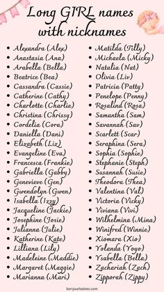 Discover 50 beautiful long names for your baby girl, each with a charming nickname! From Alexandra (Alex) to Zipporah (Zippy), find the perfect combination of elegance and cuteness. Ideal for parents seeking versatile names with built-in nicknames. Save for your baby naming journey! Girl Names With Nicknames List, Unique Pretty Names, Character Name Ideas Girl, Cottagecore Last Names, Native American Last Names, Cute Baby Girl Names List, Names With Nicknames Girl, Female Names With Nicknames, Sims Names Ideas