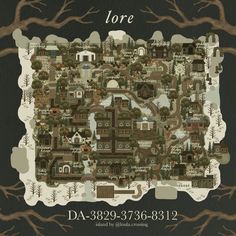 a map with trees and houses on it in front of a black background that says, the land of lore