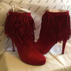 Beautiful Deep Red Color. Never Worn Outside. True Size 9 With Rounded Toe-Box Red Round Toe Booties For Fall, Red Party Booties For Fall, Red High Heel Booties For Fall, Red Suede Heels For Winter, Fringe Booties, Apple Red, Michael Antonio, Deep Red Color, Suede Fringe