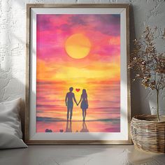 a painting of two people holding hands while the sun sets in the sky behind them