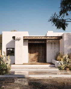 an adobe - style house with cactus and cacti in the front yard