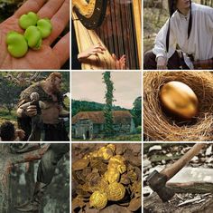 many different pictures with gold and green items in the middle one has an egg on it