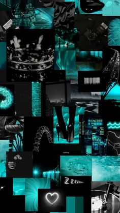 a collage of black and teal images with blue lights in the background photo