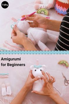 two pictures showing how to crochet an amigurmi unicorn for beginners