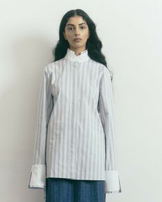 HIGH-NECK MANDRIN SHIRT WITH MIRROR EMBROIDERIES ON THE COLLAR & SLEEVES, & SLITS AT THE SIDES & SLEEVE ENDS100% Cotton High Neck, Embroidery, Mirror, Collar, White, Clothes