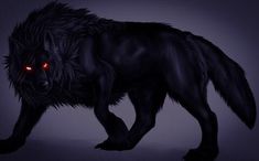 a black wolf with red eyes walking in the dark