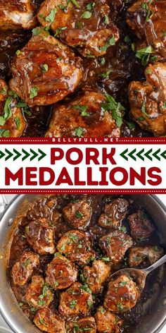 pork medallions with sauce and herbs in a pan on the stove top, next to an image of meat medallions