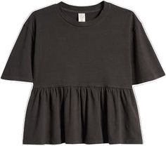 Fall Cotton T-shirt With Ruffles, Trendy Cotton Top With Ruffle Hem, Cotton Ruffle Peplum Top, Cotton Peplum Tops, Cotton Peplum Top With Ruffles, Cotton Crew Neck Top With Ruffle Hem, Casual Crew Neck Top With Ruffle Hem, Casual Cotton Peplum Top, Cotton Ruffled Short Sleeve Peplum Top