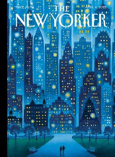 the new yorker magazine cover featuring two people walking down a city street at night