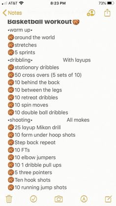 the basketball workout list is displayed on an iphone screen, with instructions for how to do it