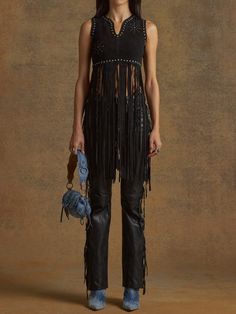 Edgy Sleeveless Vest For Fall, Luxury Black Vest For Fall, Luxury Fall Vest, Chic Vest For Fall Party, Trendy Fall Vest For Party, Trendy Fall Party Vest, Fitted Fringe Vest For Festivals, Fitted Fringe Vest, Fitted Fringe Vest For Festival