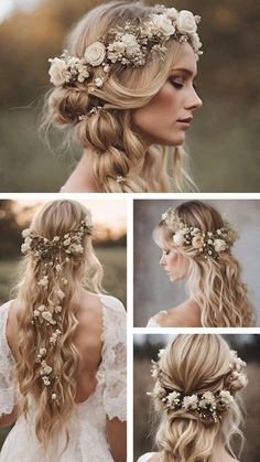 beautiful Flowers Braided Into Hair, Flower Hairstyles Wedding, Bridal Hair With Flower Crown, Flower Crown With Veil, Wedding Hair Flower Crown, Curly Bridal Hair, Autumn Bridal, Romantic Theme Wedding