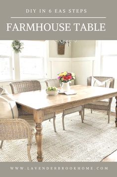 Farmhouse style wood table in a medium wood tone. The table has turned wood legs and is styled with a bouquet of tulips. Wicker chairs sit around the table. Diy Farmhouse Ideas, Turned Table Legs, Build A Farmhouse Table, Stained Table, Farmhouse Style Table, Diy Farmhouse Table, Diy Dining Table, Classic Table, Farmhouse Dining Room