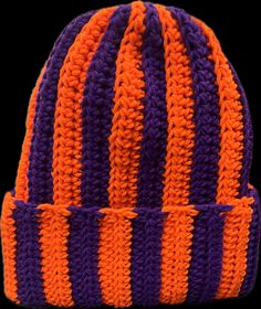 an orange and purple striped knitted hat