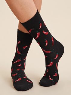 Black    Cotton  Crew Socks    Women Socks & Hosiery Dr Pepper Socks, Playful Black Winter Socks, Heart Black Socks, Flame Socks, Novelty Red Socks For Winter, Women Crew Socks, Socks And Tights, Patterned Socks, Short Socks