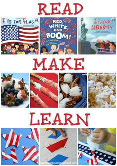 the words read make learn are shown in red, white and blue colors with pictures of american flags