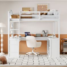 a white bunk bed sitting next to a desk