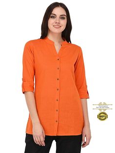 Handmade Pure Cotton Women’s Short Kurti Traditional Designer Casual Party Wear Formal Shirt For Girls. Cotton Short Tops, Solid Orange, Kurti Patterns, Casual Tunics, Beautiful Shorts, Special Dresses, Short Shirts