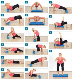 a series of pictures showing how to do an exercise on a blue mat with the instructions below