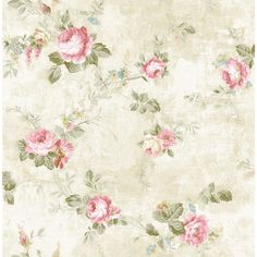 an old wallpaper with pink roses and green leaves on the bottom half of it