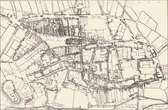 an old map of the city of london showing streets, roads and buildings in different directions