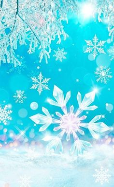 snowflakes on a blue background with bokets and sparkles in the foreground