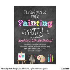 a chalkboard birthday party with the words painting party written in pink, blue and green