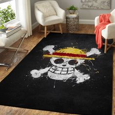 a living room area with a rug that has a skull and crossbones on it