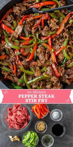 steak stir fry in a pan with peppers and other ingredients to make it look like they are