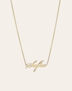 14k solid gold ID dainty name necklace in our beautiful script font, hanging from a chain length of your choice. For a heart symbol please enter ''(heart)''. Please note that the personalization box is case sensitive, so type in exactly how you would like your name to appear, with the correct upper/lowercase font. Script font is not offered in all capitalization. If you are interested in an ID necklace with more than 10 characters, please email us at info@zoelev.com for a quote. Letter Height: A Elegant Custom Necklace For Valentine's Day, Customizable Elegant Necklace For Valentine's Day, Elegant Customizable Necklace For Valentine's Day, Formal Custom Name Pendant Necklace, Elegant Personalized Necklace For Valentine's Day, Valentine's Day Elegant Custom Name Necklace, Elegant Name Pendant Necklace, Classic Personalized Pendant Name Necklace, Classic Pendant Name Necklace For Personalized Gift