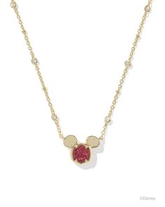 Experience the feeling of everyday magic with the Disney | Kendra Scott Gold Mickey Mouse Short Pendant Necklace in Bright Red Drusy. A signature KS pendant topped with Disney Mickey Mouse ears gets an extra dose of dazzle with a crystal-studded satellite chain. Timeless, iconic, and full of joy, this precious pendant will sprinkle a bit of extraordinary into your everyday looks. Metal 14k Yellow Gold Over Brass Material Bright Red Drusy Closure Lobster Clasp W/ Single Adjustable Slider Bead Siz Gold Mickey Mouse, Short Pendant Necklace, Everyday Magic, Mickey Mouse Shorts, Bar Jewelry, Engraved Initials, Birthstone Colors, Mickey Mouse Ears, Rose Necklace