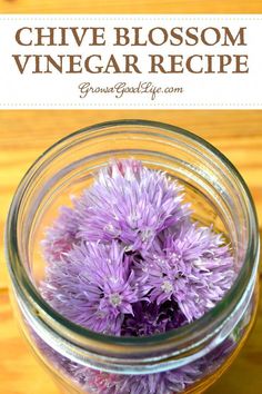 a mason jar filled with purple flowers on top of a wooden table and text overlay reads, chive blossom vinegar recipe