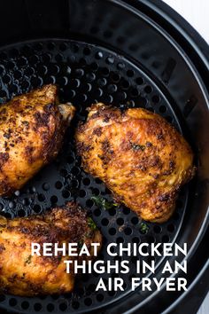 chicken thighs in an air fryer with text overlay