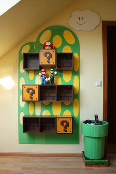 a nintendo themed room with shelves and mario bros figurines