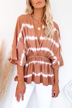 Tie Dye Peplum Top Flowy Brown Blouse For Summer, Summer Brown Blouse For Brunch, Trendy Brown Spring Blouse, Brown Flowy Tops For Spring, Brown Spring Tops For Brunch, Flowy Brown Blouse For Spring, Flowy Brown Top For Spring, Chic Brown Tops For Spring, Chic Brown Top For Spring