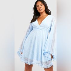 Boohoo Plus Dobby Chiffon Wide Sleeve Skater Dress In Light Blue | Size 24 Blue Long Sleeve Chiffon Dress With Ruffles, Blue Chiffon Long Sleeve Mini Dress, Blue Long Sleeve Chiffon Mini Dress, Blue Chiffon Mini Dress With Long Sleeves, Flowy Light Blue Long Sleeve Mini Dress, Big Hug, Plus Size Formal, Plus Size Formal Dresses, Evening Dresses Plus Size