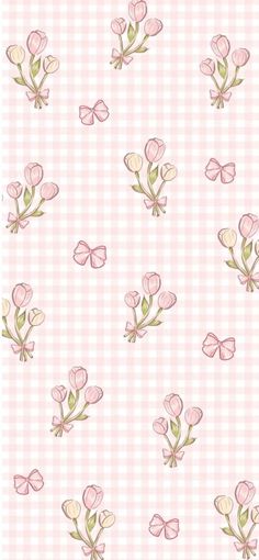 pink flowers and butterflies on a checkered background