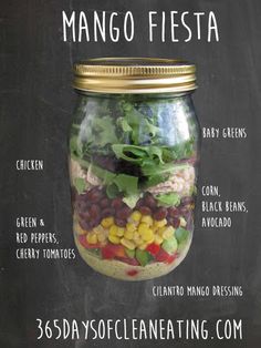 a mason jar filled with many different types of food and labeled in the words mango fiesta