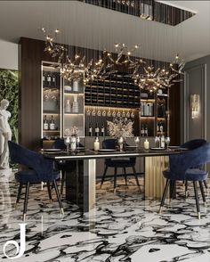 an elegant dining room with marble flooring and chandelier hanging from the ceiling