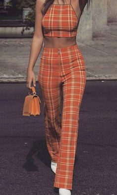 jennxpaige ♔ Plaid Pants Outfit, Orange Outfits, Mad About You, Pants Jumpsuit, Two Piece Jumpsuit, Orange Outfit, Diy Vetement, Look Retro, Street Style Edgy