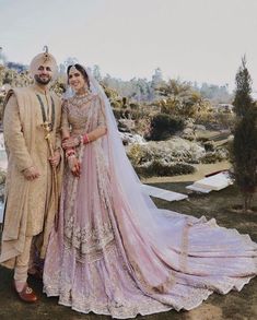 Pastel Bride And Groom Indian, Punjabi Destination Wedding, Pastel Lehenga Wedding Bride, Anand Karaj Outfit, Anand Karaj Bride, Pastel Lehenga Designs, Lehenga Royal, Purple Indian Wedding, Pastel Bridal Lehenga