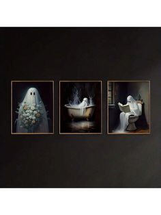 200+ Aesthetic Cozy Halloween Bedroom Decor Ideas to Try in 2024 | Indoor Halloween Decorations Ghost Portrait, Halloween Bathroom Decor, Halloween Bathroom, Poster Decorations, Halloween Retro, Hiasan Bilik, Bilik Tidur, Halloween Poster, Home Decor Paintings